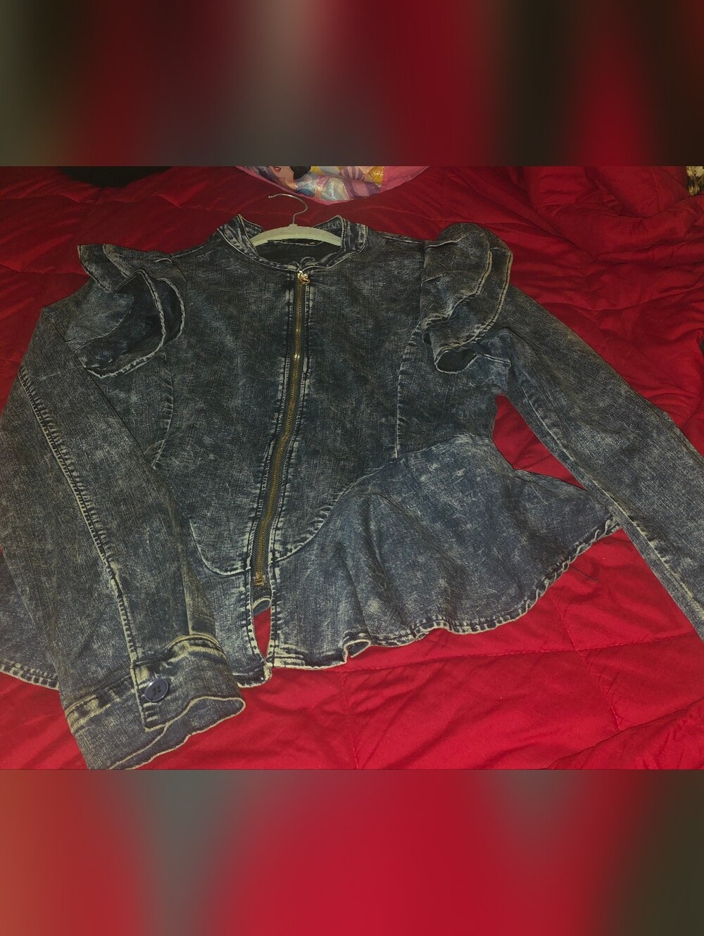 Fashionova Dark Blue Washed Denim Ruffle Peplum Zip Jacket